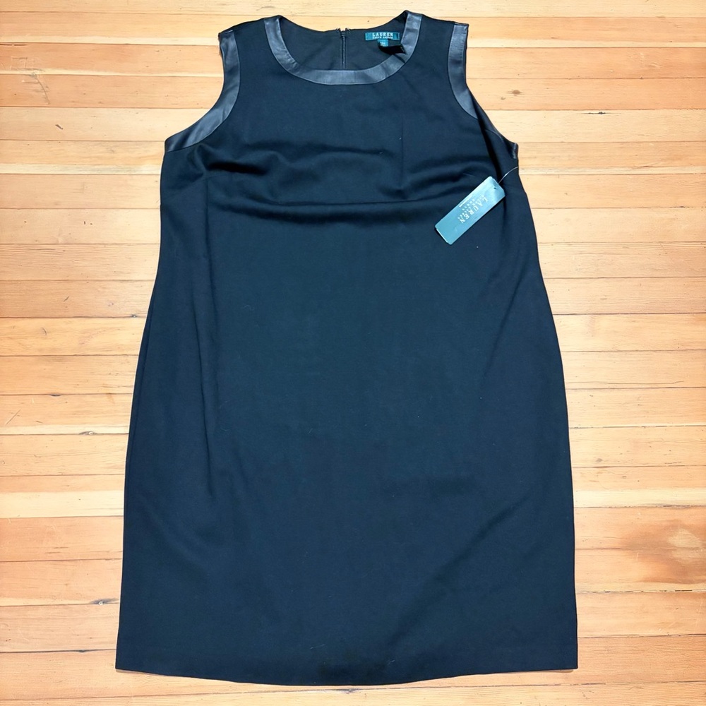 NEW $229 Lauren Ralph Lauren Sheath leather trim Dress Sleeveless